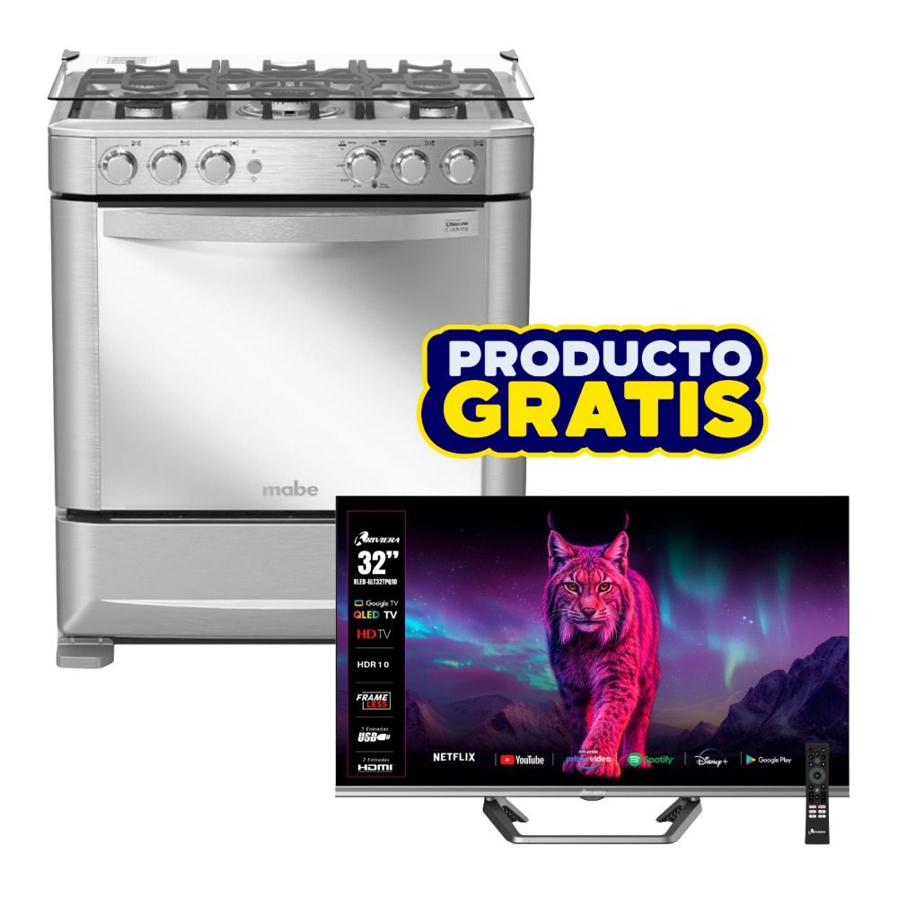 Combo Cocina a Gas Mabe 5 Quemadores 30" EM7625FX0. + Televisor Google QLED Riviera 32" GLT32TPQ10