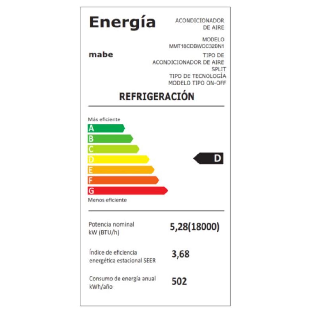 Aire Acondicionado Split Mabe 18000 BTU ON/OFF MMT18CDBWCC32B