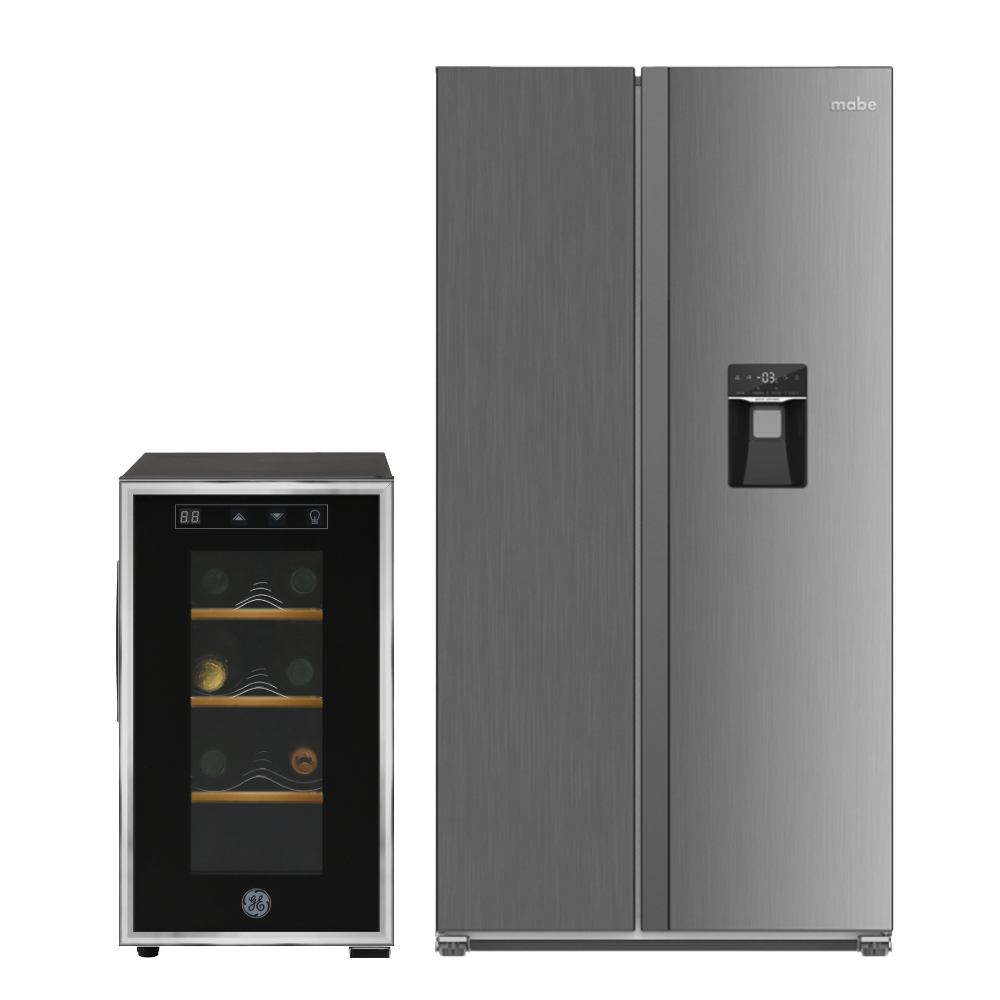 Combo Refrigeradora Side by Side Mabe 565L MSE521QMLSS0 + Cava de Vinos 8 Botellas Negra GE GW8XDBB2