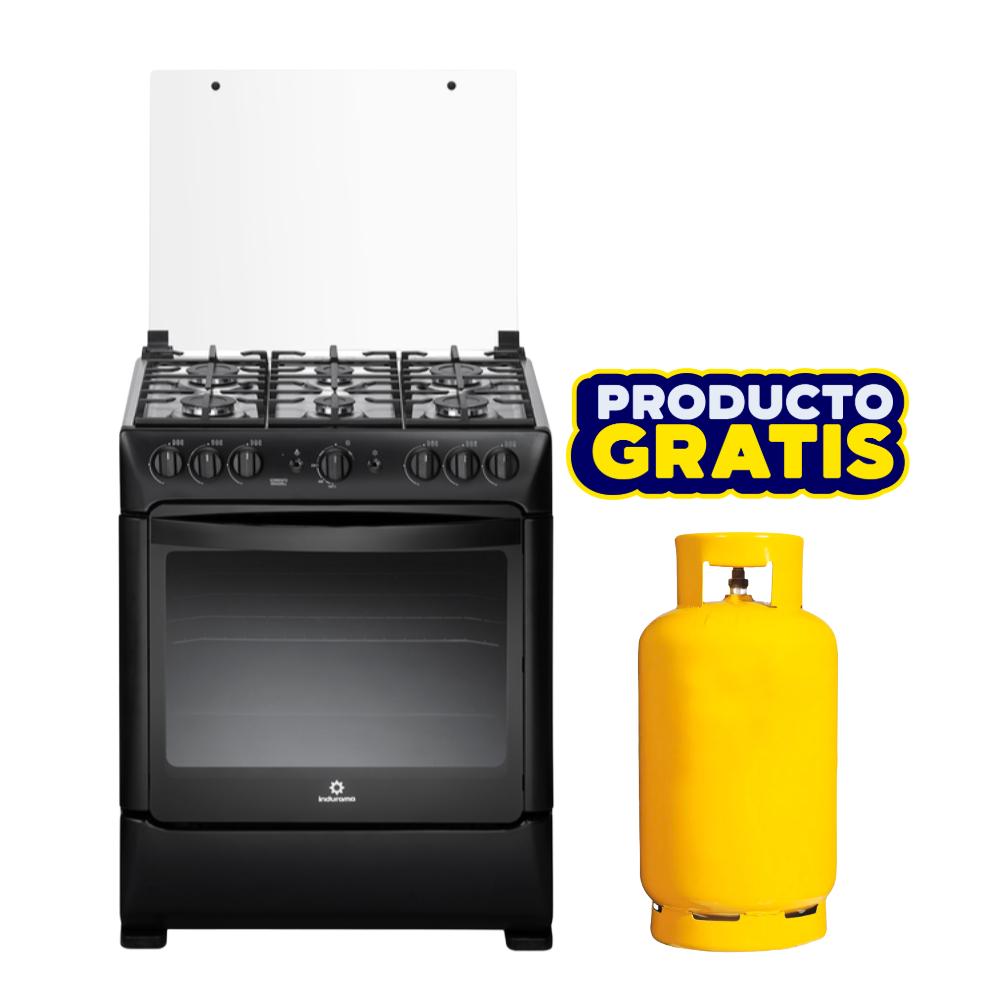 Combo Cocina a Gas Indurama 6 Quemadores 30" Sorrento Maxgrill Zafiro Negra + Cilindro de Gas