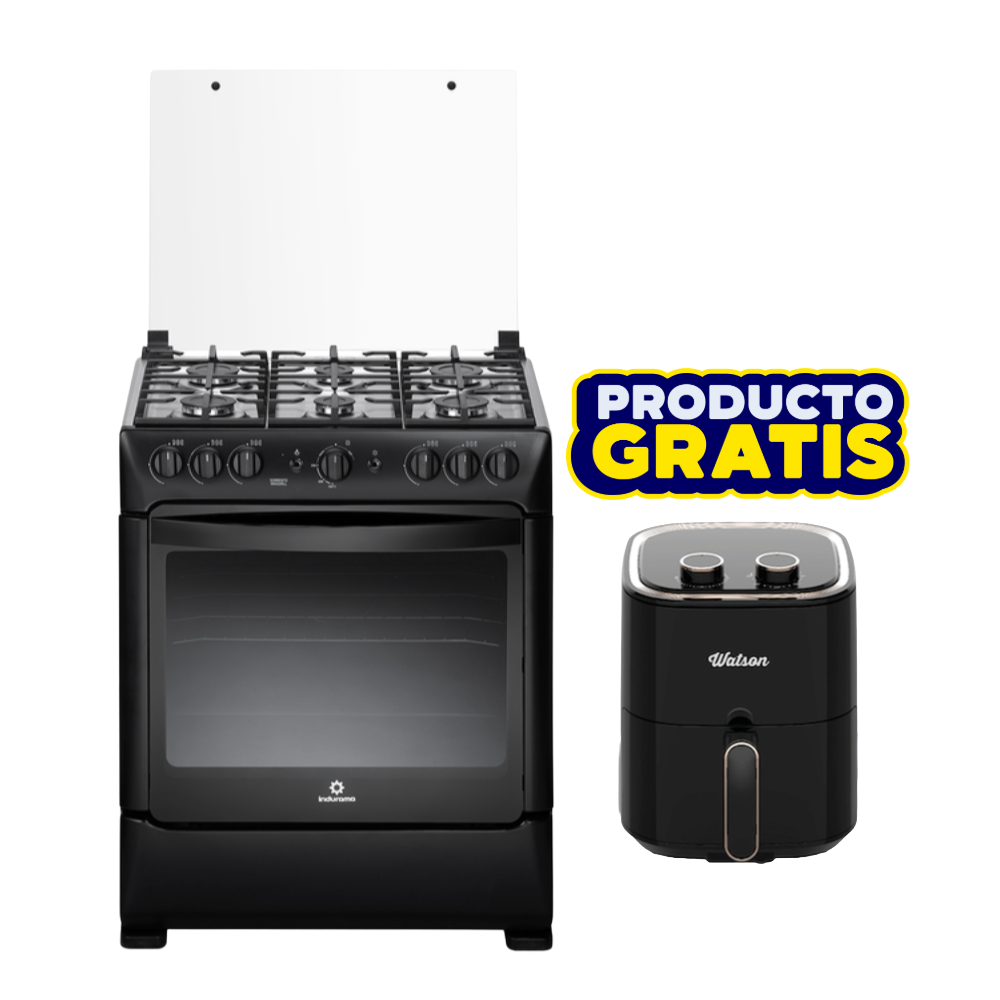 Combo Cocina a Gas Indurama 6 Quemadores 30" Sorrento Maxgrill Zafiro Negra + Freidora de Aire Watson 35LTS 378-31