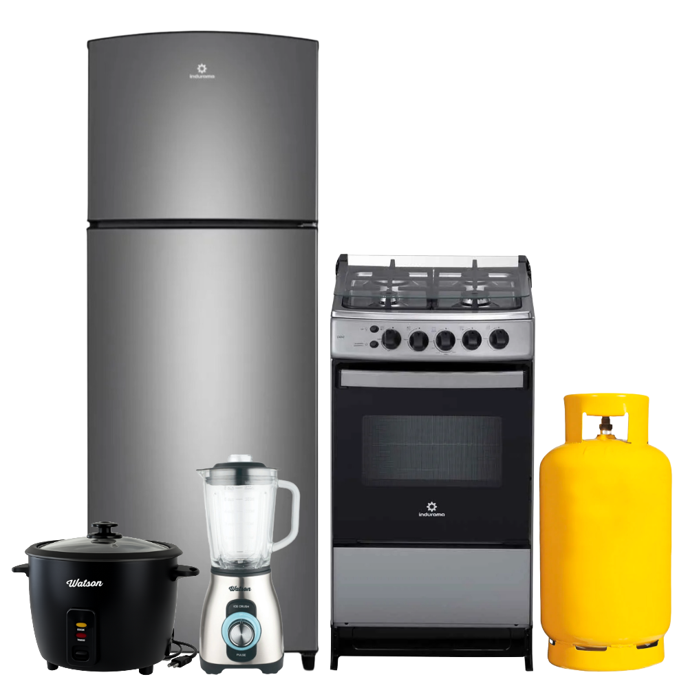 Combo Cocina a Gas Indurama 4 Quemadores 20" Cadiz Spazio Plus + Refrigeradora Top Mount Indurama 300L RI-380L Avant Plus + Olla Arrocera Watson 1.8L B25082501 + Licuadora Watson 1.5L BL1703A + Cilindro de Gas