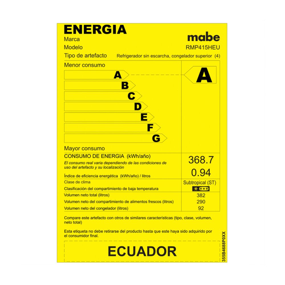 Refrigeradora Top Mount Mabe 415L RMP415HEU