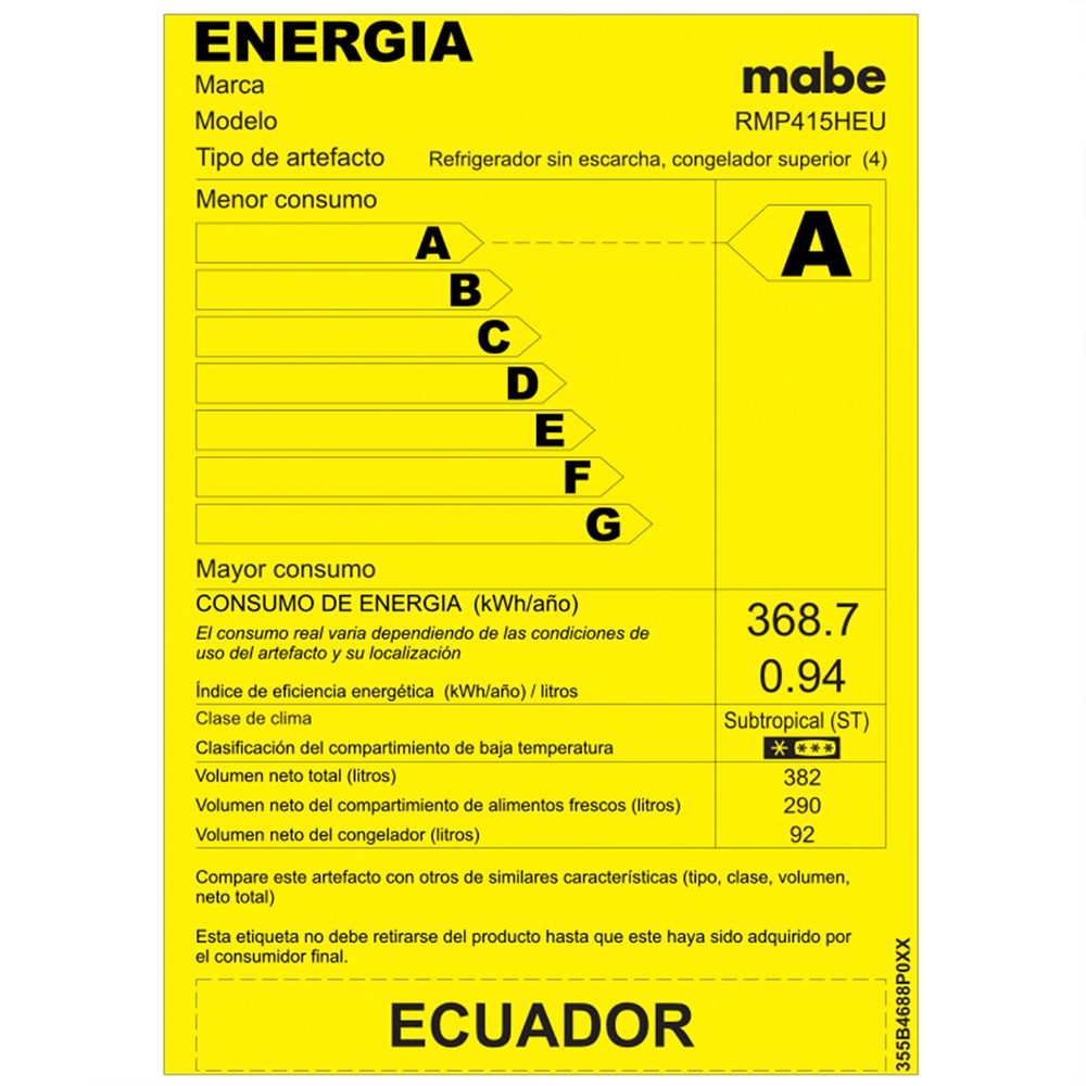 Refrigeradora Top Mount Mabe 415L RMP415HEU